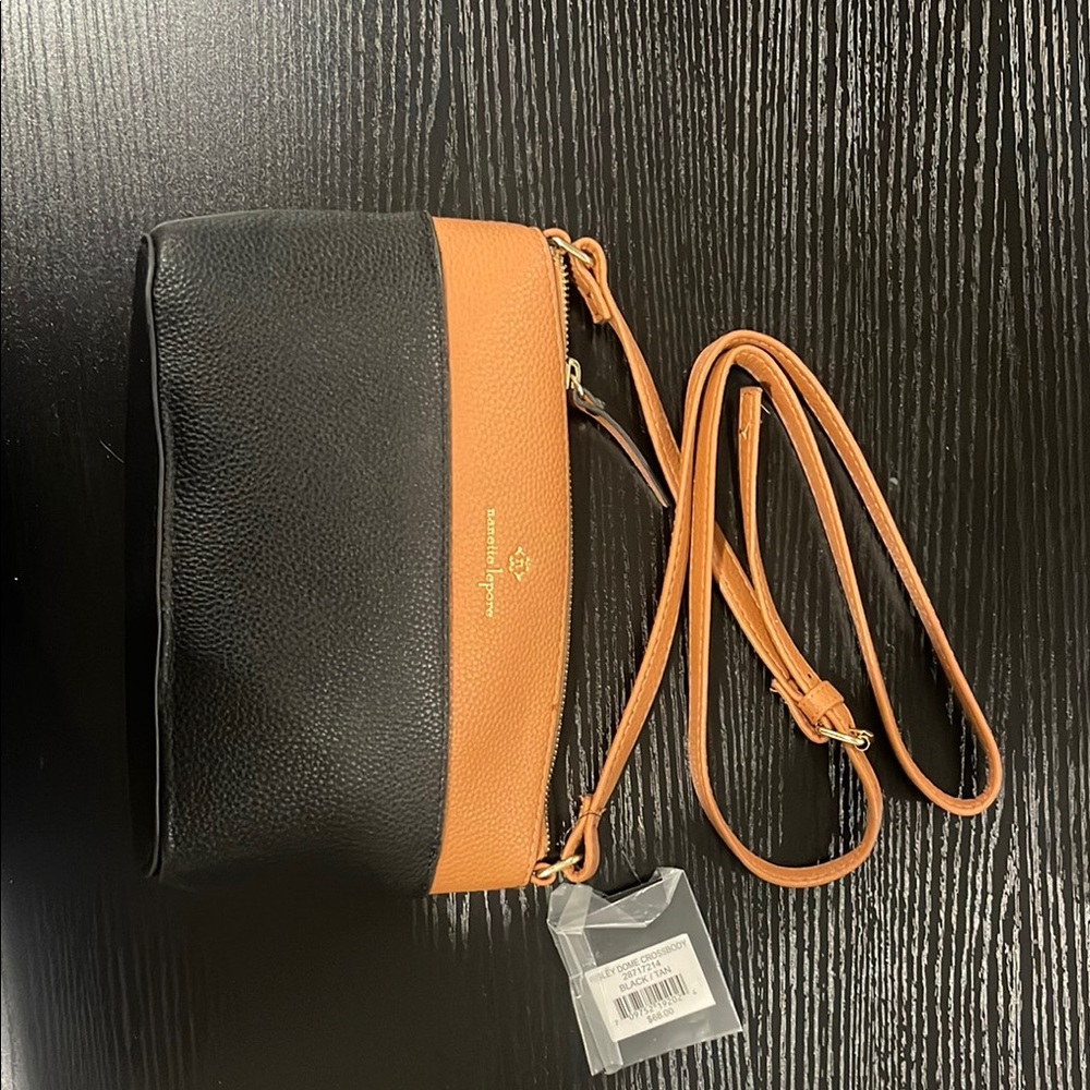 Nanette Lepore Black and Tan Crossbody Bag with Adjustable Strap